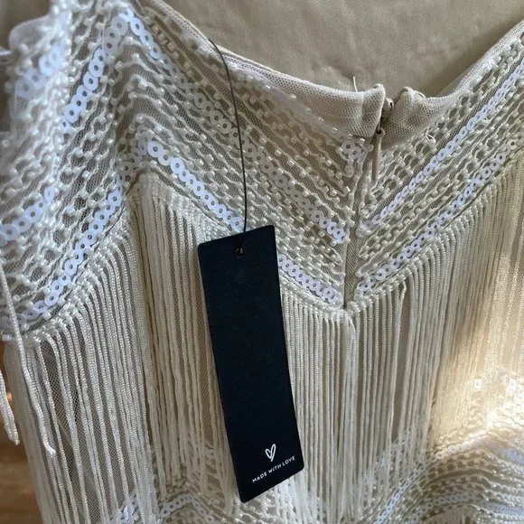 NWT Lulus White Sequin Fringe Midi Dress XS Art Deco Square Neckline with Straps - Picture 13 of 14